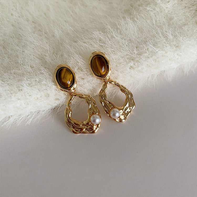 Geometric Pearl Pendant Hoop Earrings — gold earrings, view 3