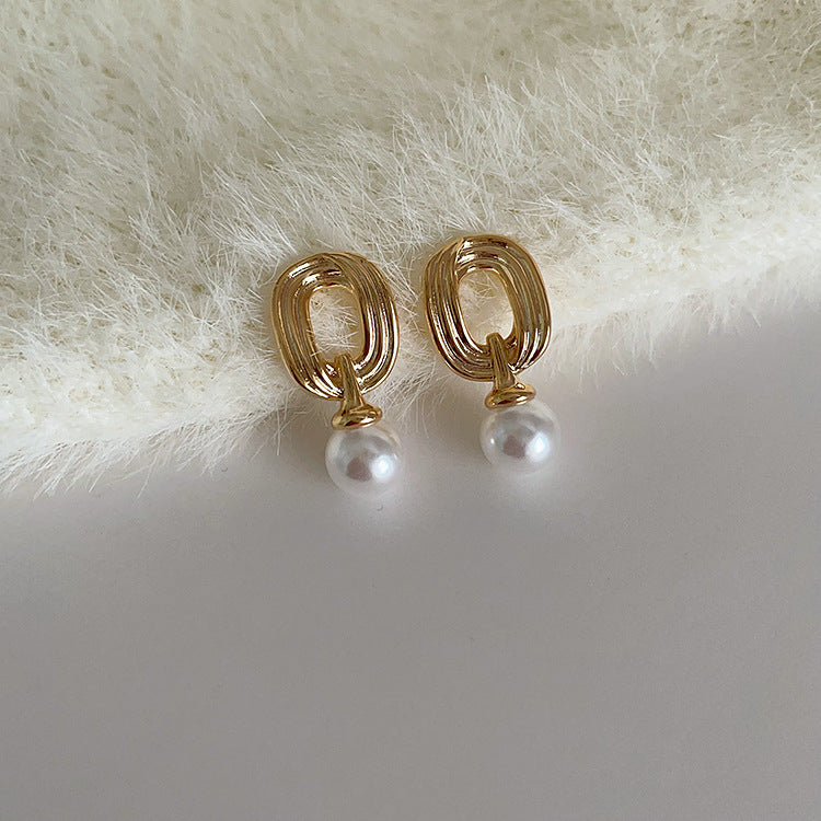 Geometric Pearl Pendant Hoop Earrings — gold earrings, view 4