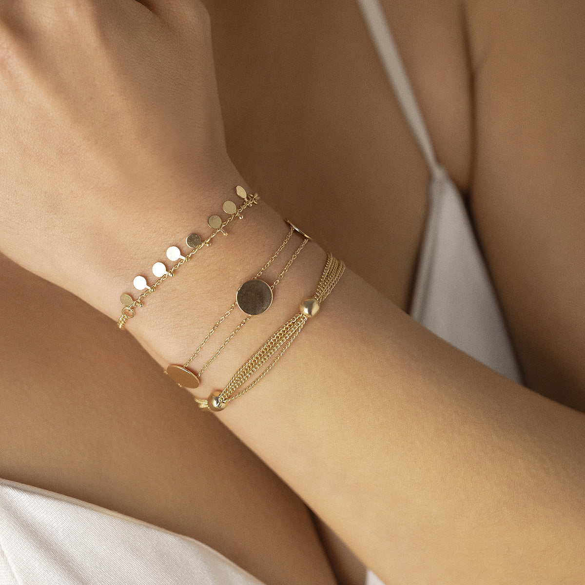 Layered Disc Tassel Chain Bracelet — gold bracelet, view 2