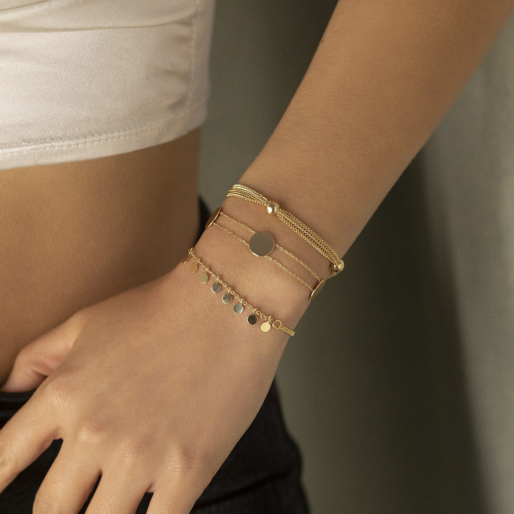 Layered Disc Tassel Chain Bracelet — gold bracelet, view 3