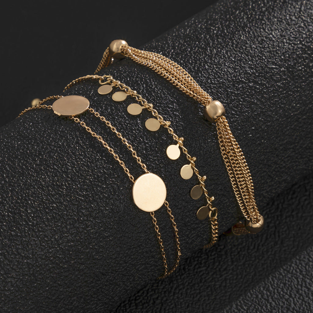 Layered Disc Tassel Chain Bracelet — gold bracelet, view 4