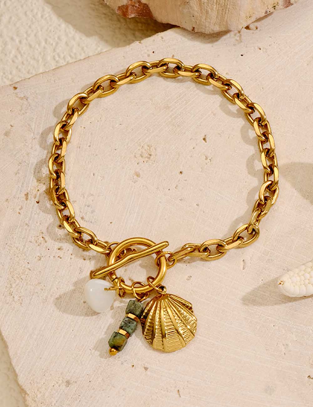 Shell and Pearl Charm Link Bracelet — gold bracelet