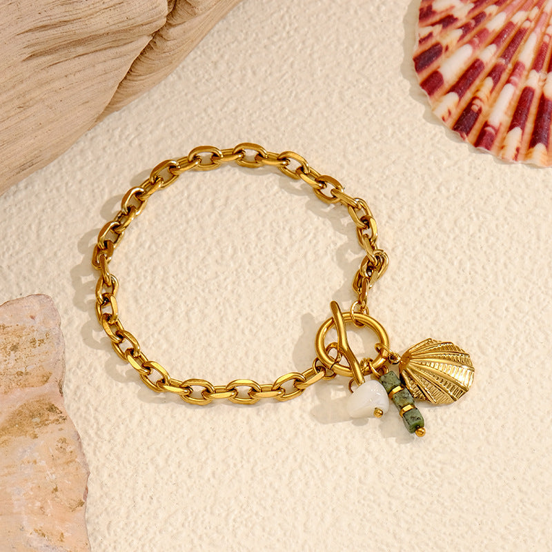 Shell and Pearl Charm Link Bracelet — gold bracelet, view 2