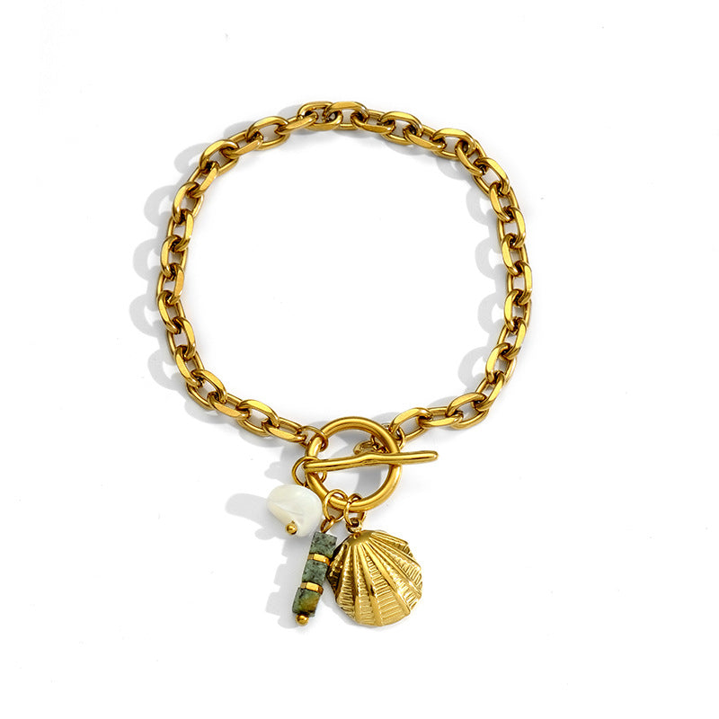 Shell and Pearl Charm Link Bracelet — gold bracelet, view 5