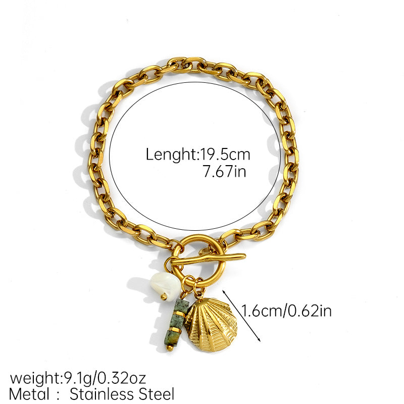 Shell and Pearl Charm Link Bracelet — gold bracelet, view 6
