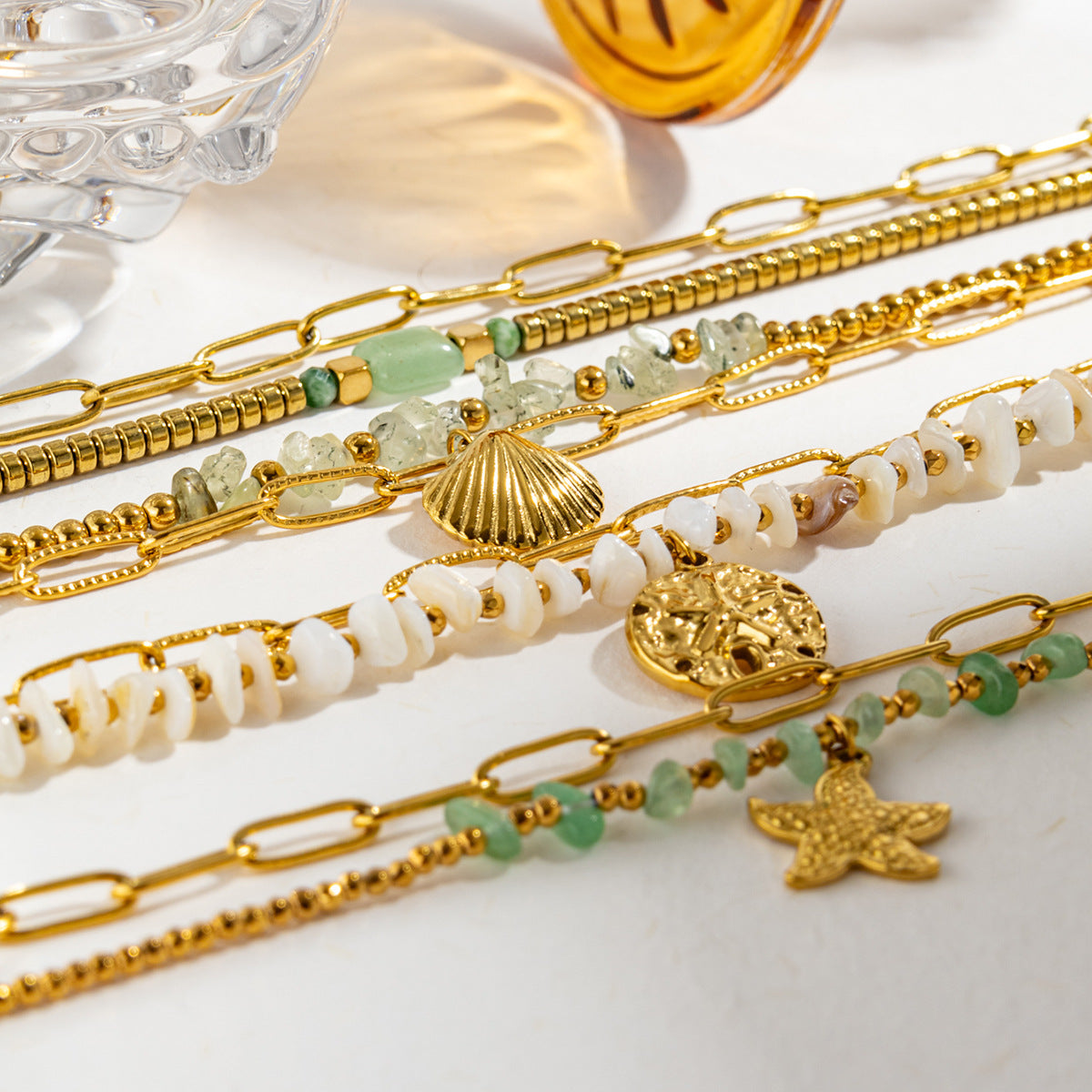Starfish Shell Charm Link Bracelet — gold bracelet, view 2