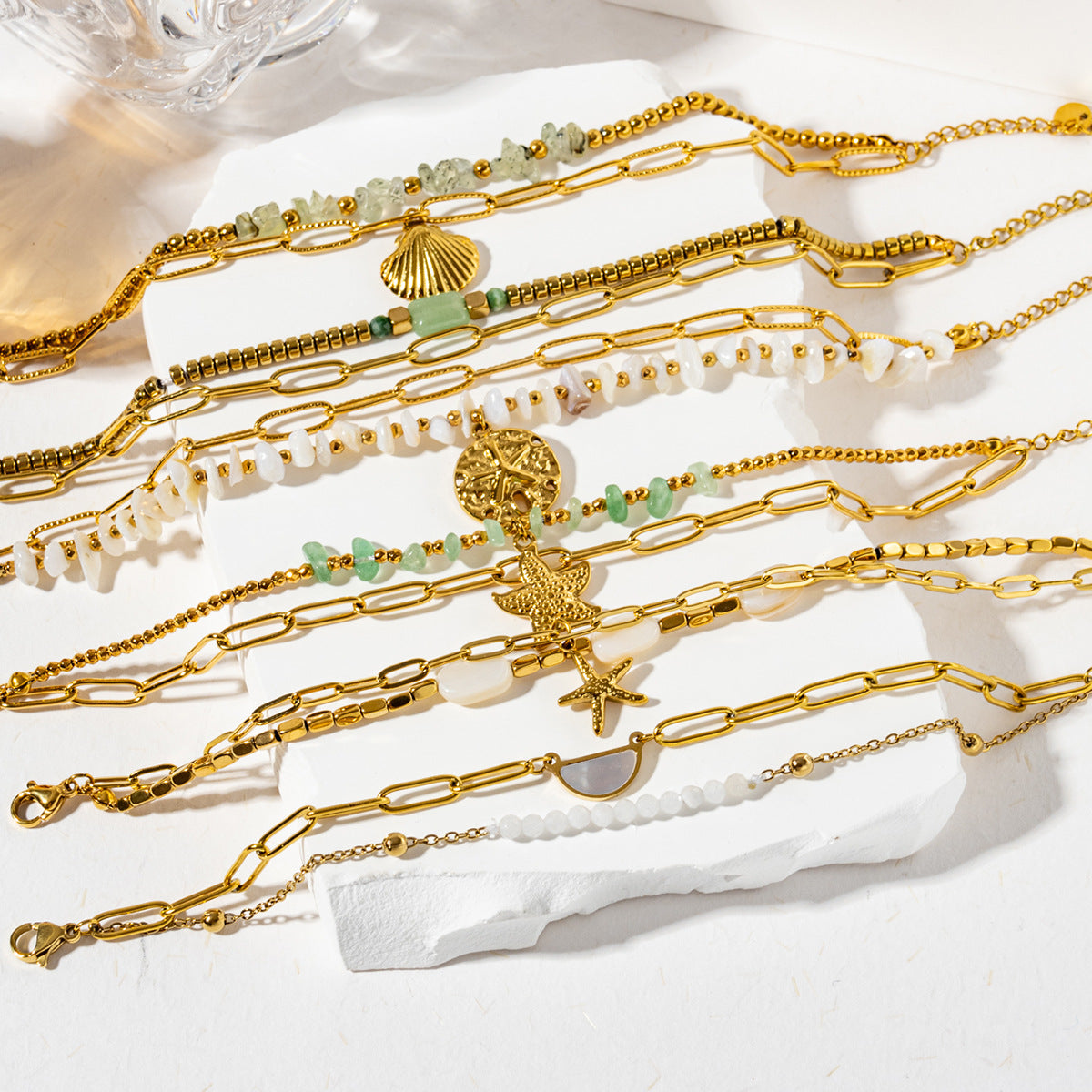 Starfish Shell Charm Link Bracelet — gold bracelet, view 3