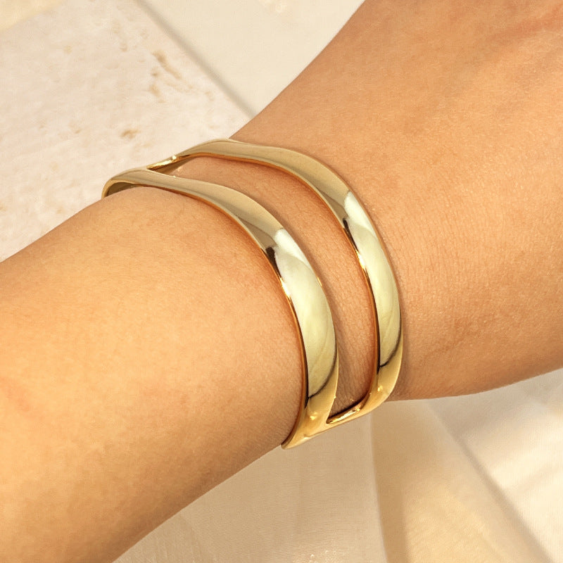 Hollow-Out Wide Open Cuff Bracelet — gold bracelet, view 2
