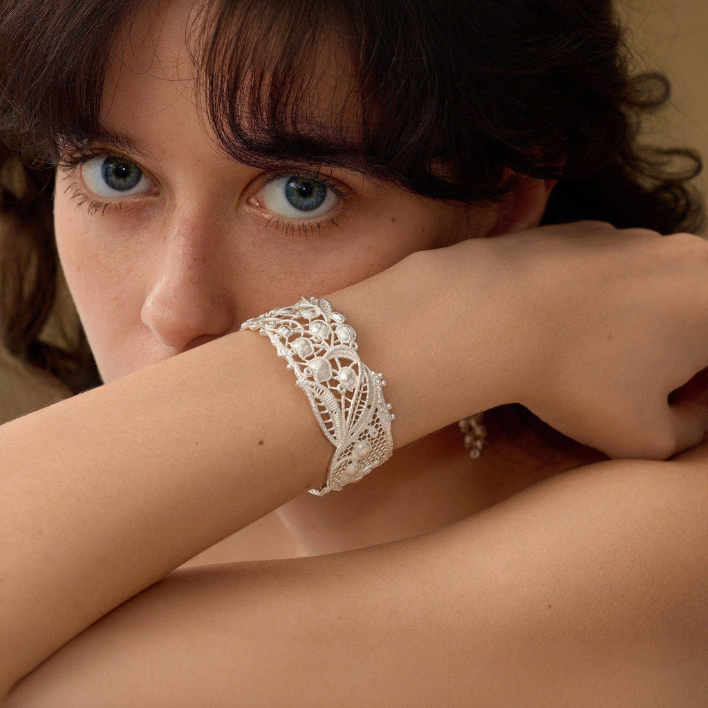 Hollow Floral Silver Cuff Bracelet — silver bracelet, view 5