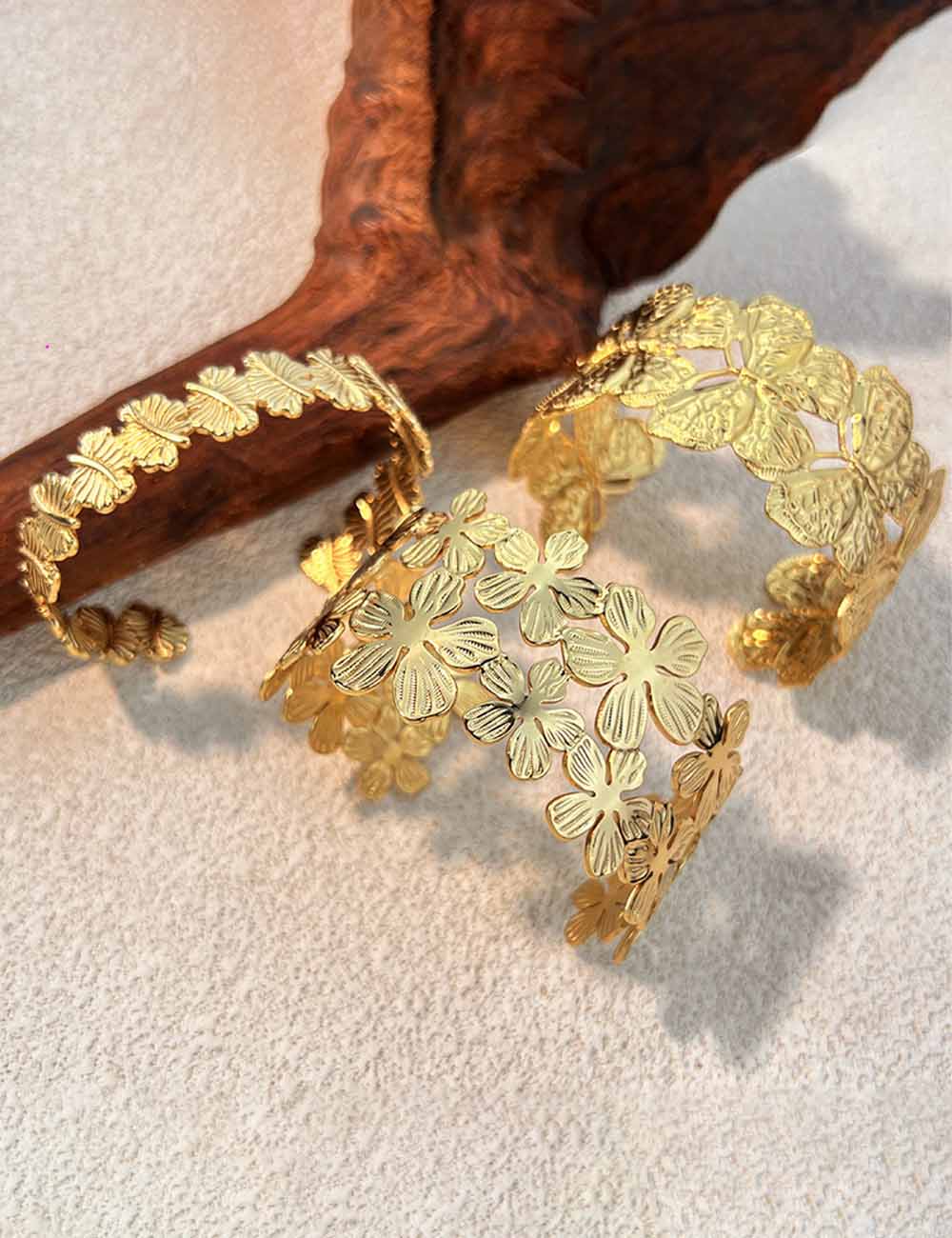 Flower Hollow Wide Cuff — gold bracelet
