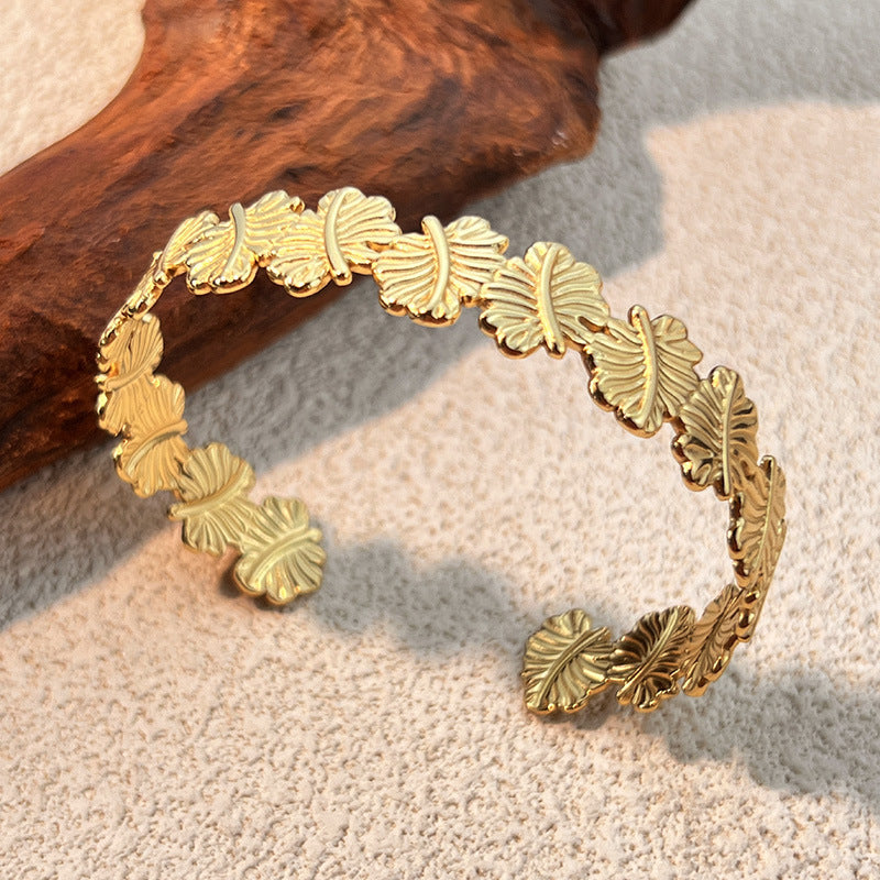 Flower Hollow Wide Cuff — gold bracelet, view 2