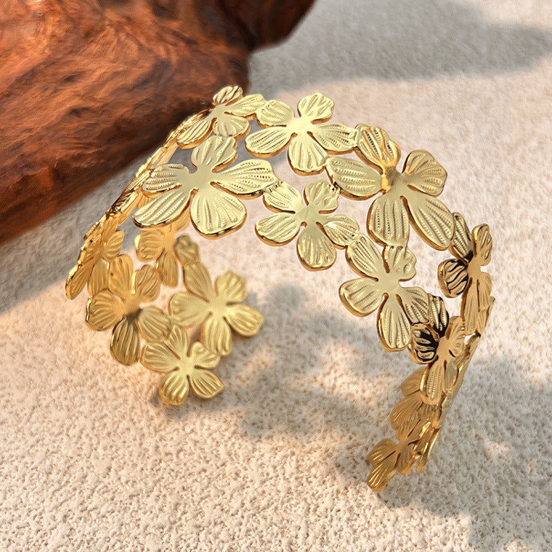 Flower Hollow Wide Cuff — gold bracelet, view 3