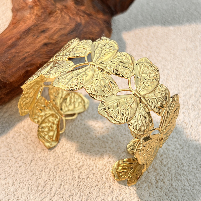 Flower Hollow Wide Cuff — gold bracelet, view 4