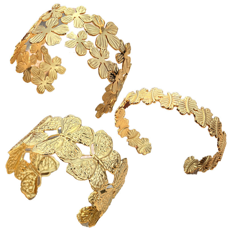 Flower Hollow Wide Cuff — gold bracelet, view 5
