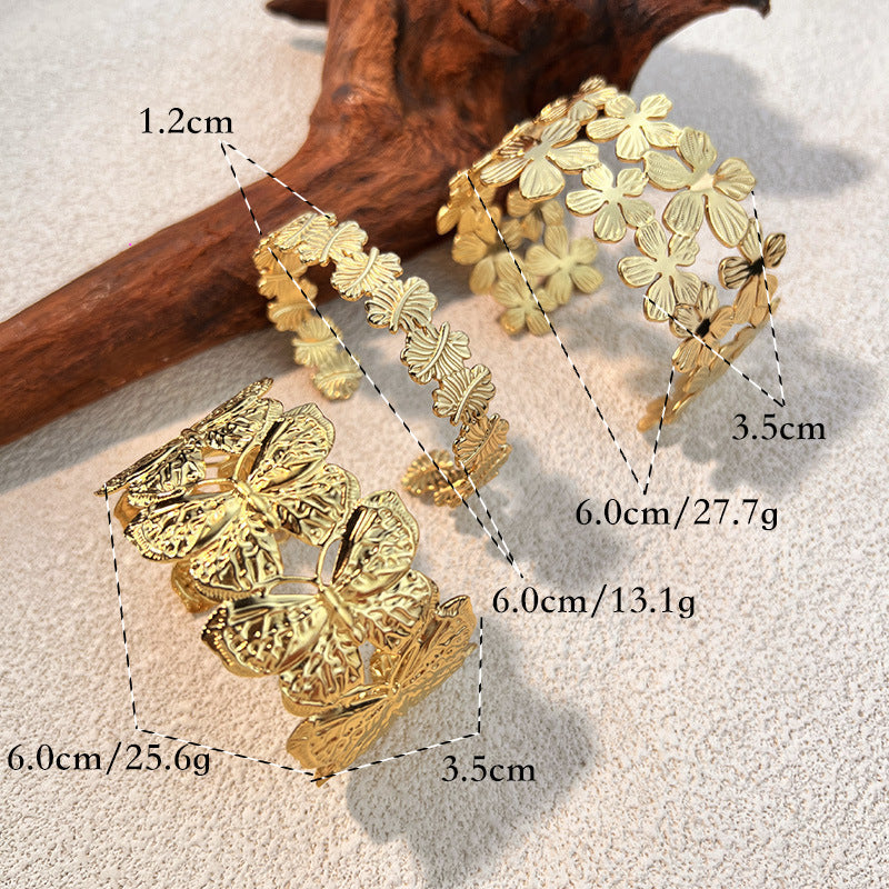 Flower Hollow Wide Cuff — gold bracelet, view 6