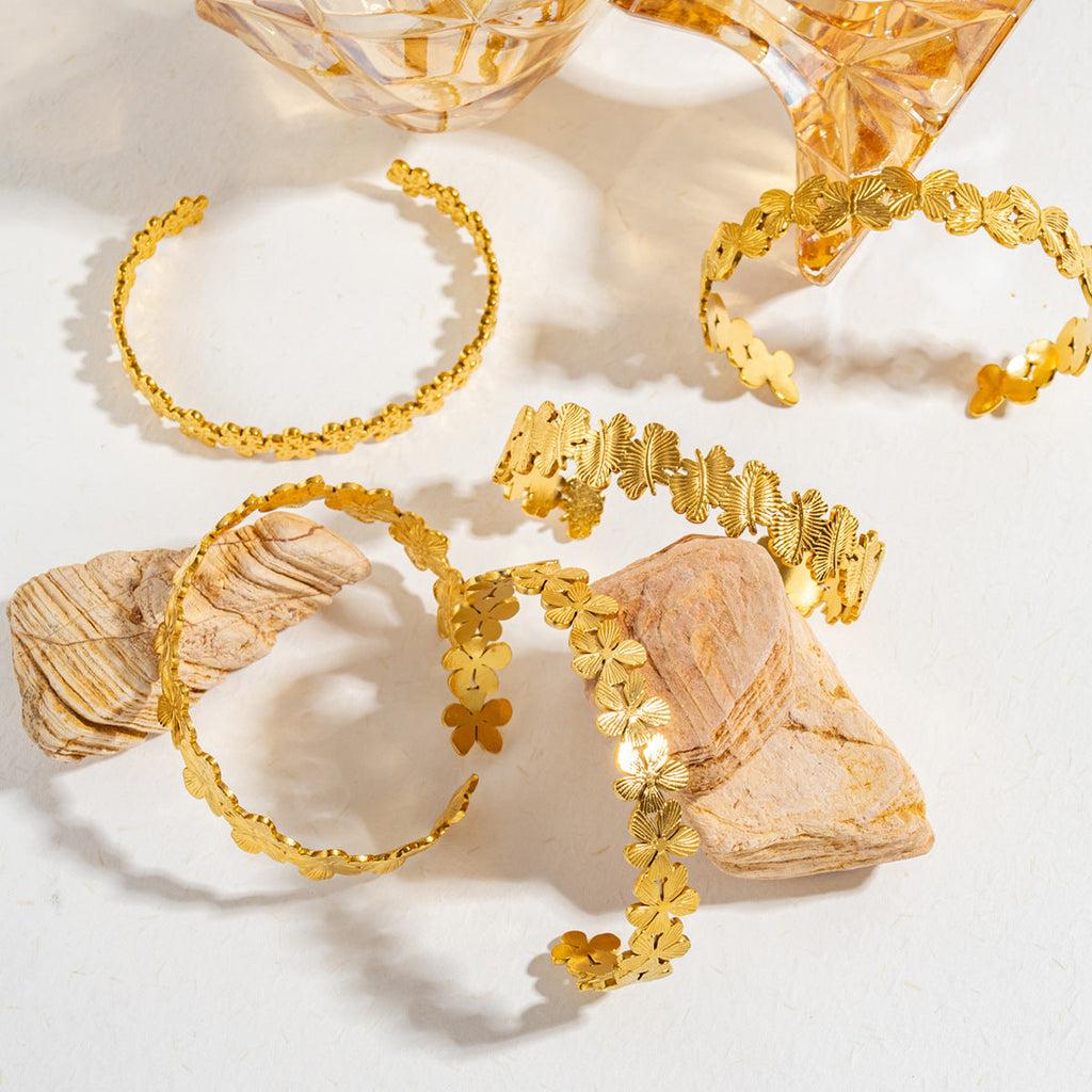 Textured Flower Open Cuff Bracelet — gold bracelet, view 2