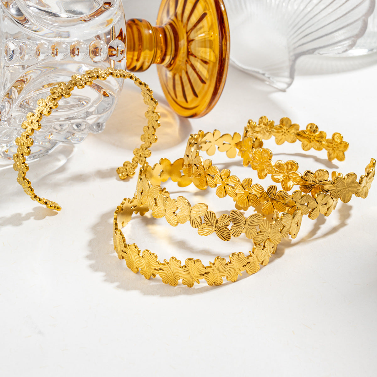 Textured Flower Open Cuff Bracelet — gold bracelet, view 3