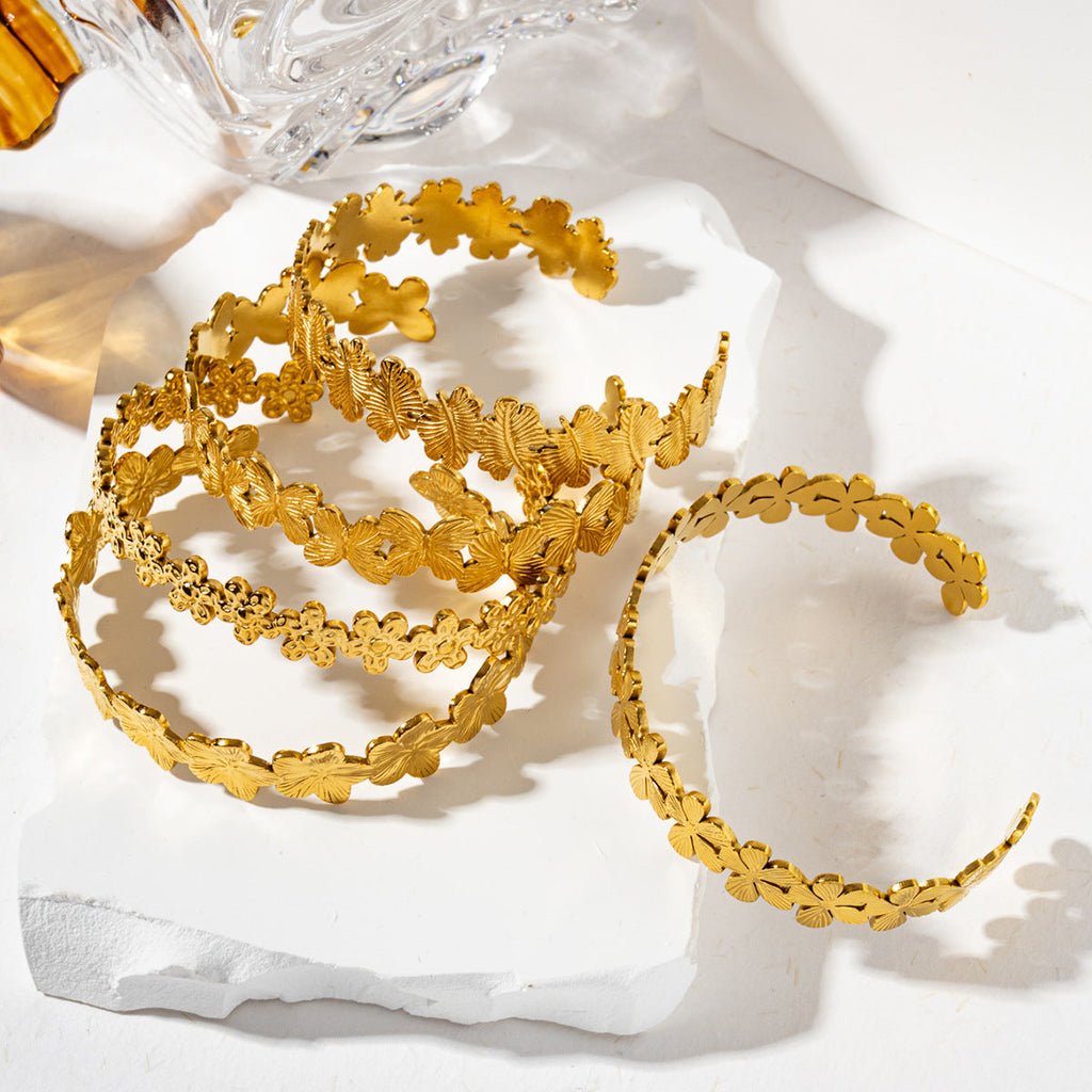 Textured Flower Open Cuff Bracelet — gold bracelet, view 4