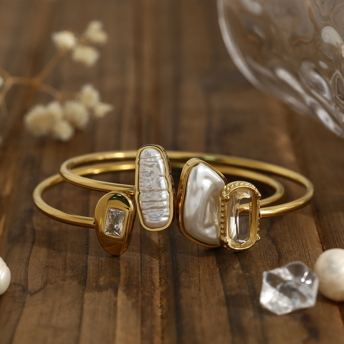 Irregular Pearl Decor Bracelet — gold bracelet, view 4