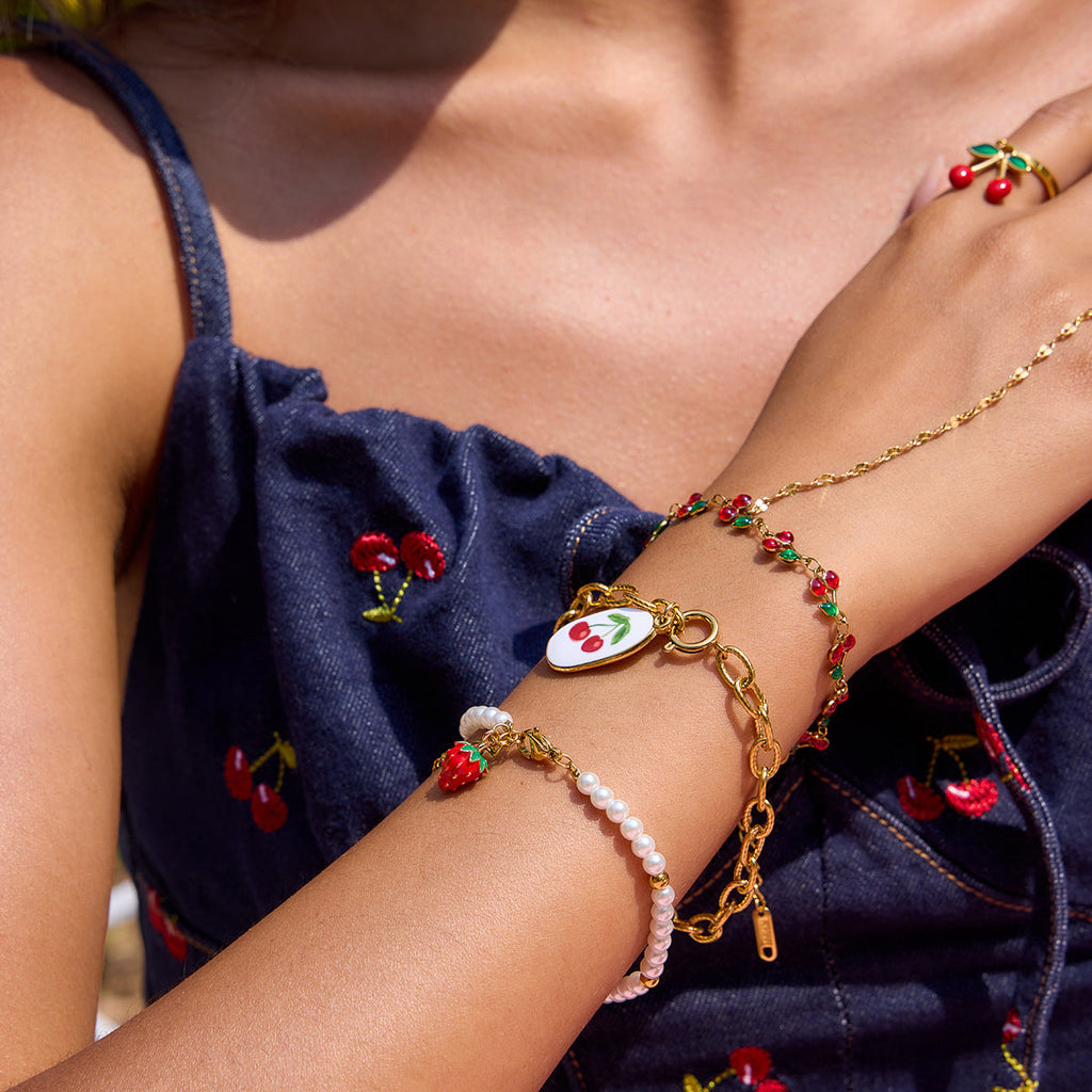Beaded Cherry and Flower Bracelet — bracelet, view 4