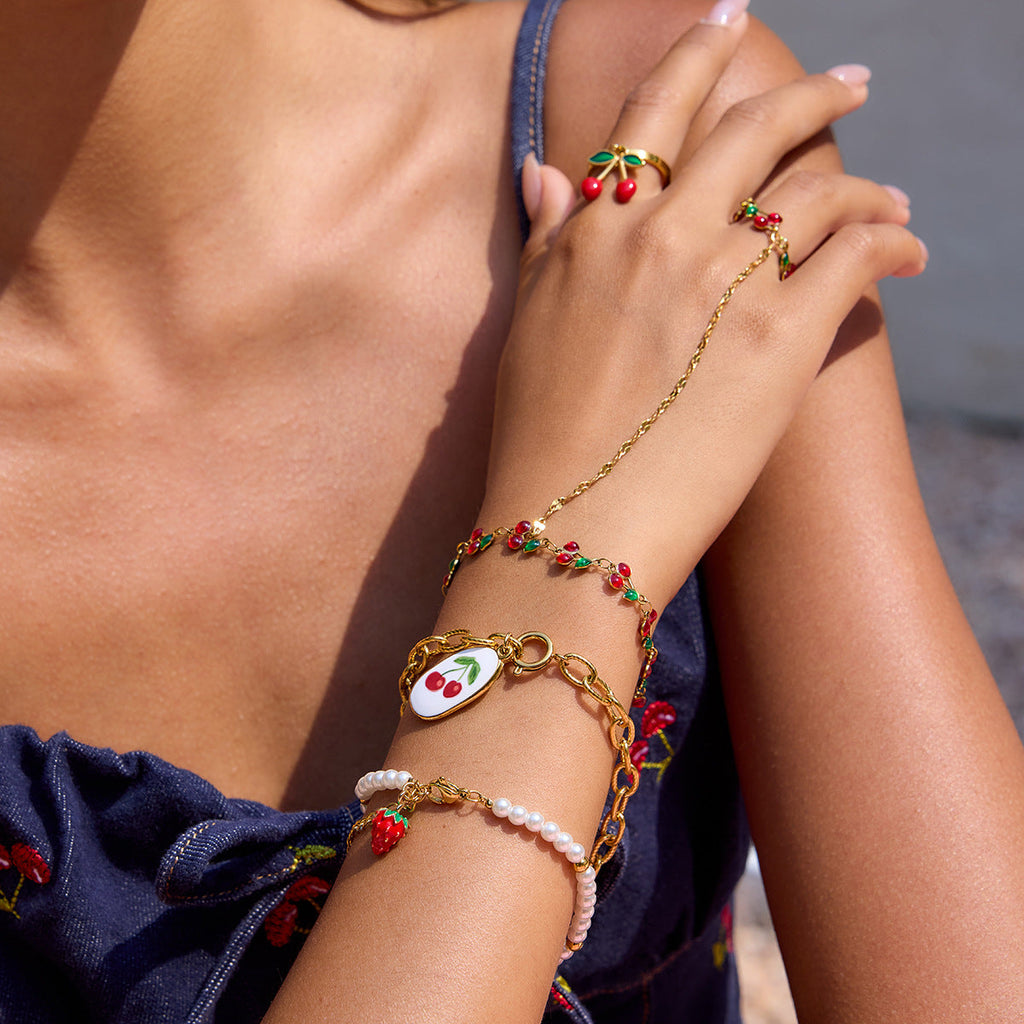 Beaded Cherry and Flower Bracelet — bracelet, view 5