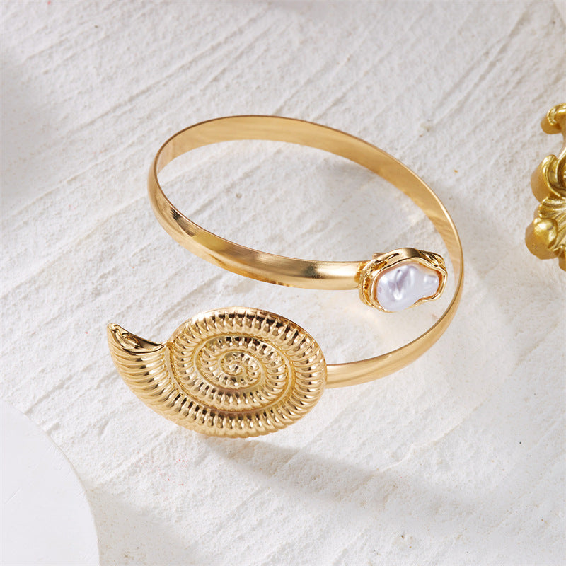 Shell Pearl Open Arm Cuff Bracelet — gold bracelet, view 2