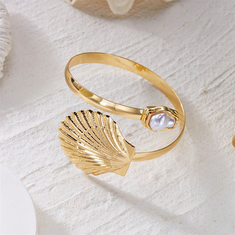 Shell Pearl Open Arm Cuff Bracelet — gold bracelet, view 3