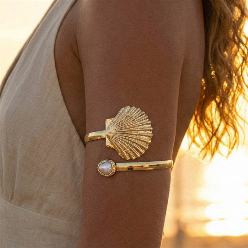 Shell Pearl Open Arm Cuff Bracelet — gold bracelet, view 4