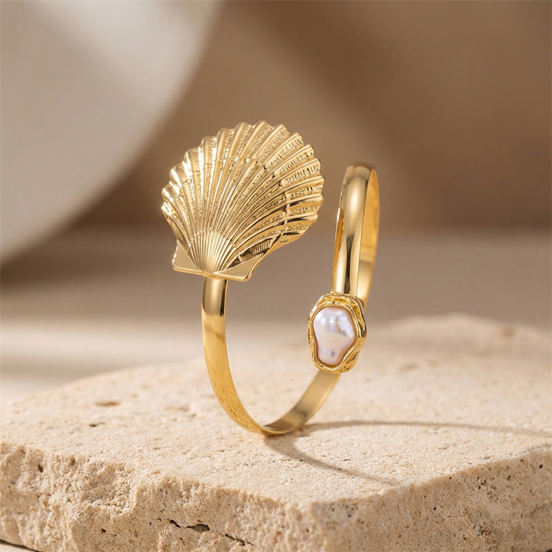 Shell Pearl Open Arm Cuff Bracelet — gold bracelet, view 7