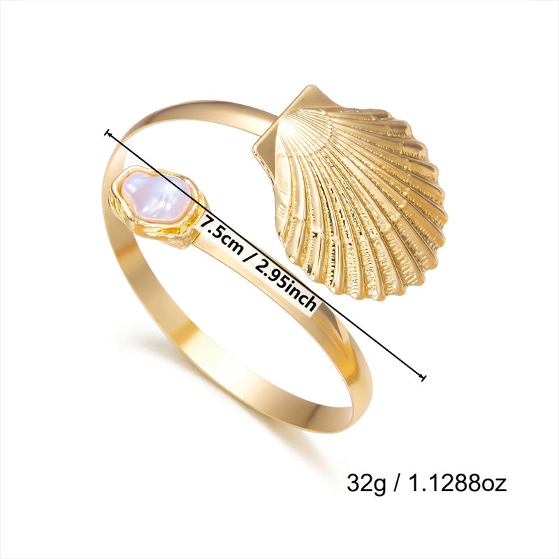 Shell Pearl Open Arm Cuff Bracelet — gold bracelet, view 8