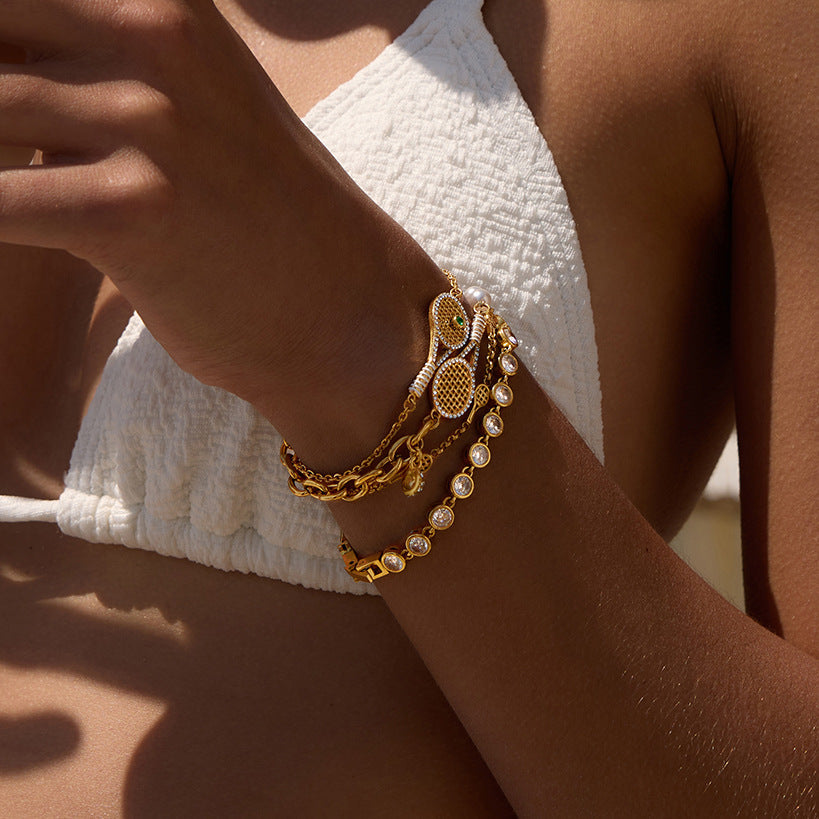 Cubic Zirconia Pearl Link Bracelet — gold bracelet, view 2