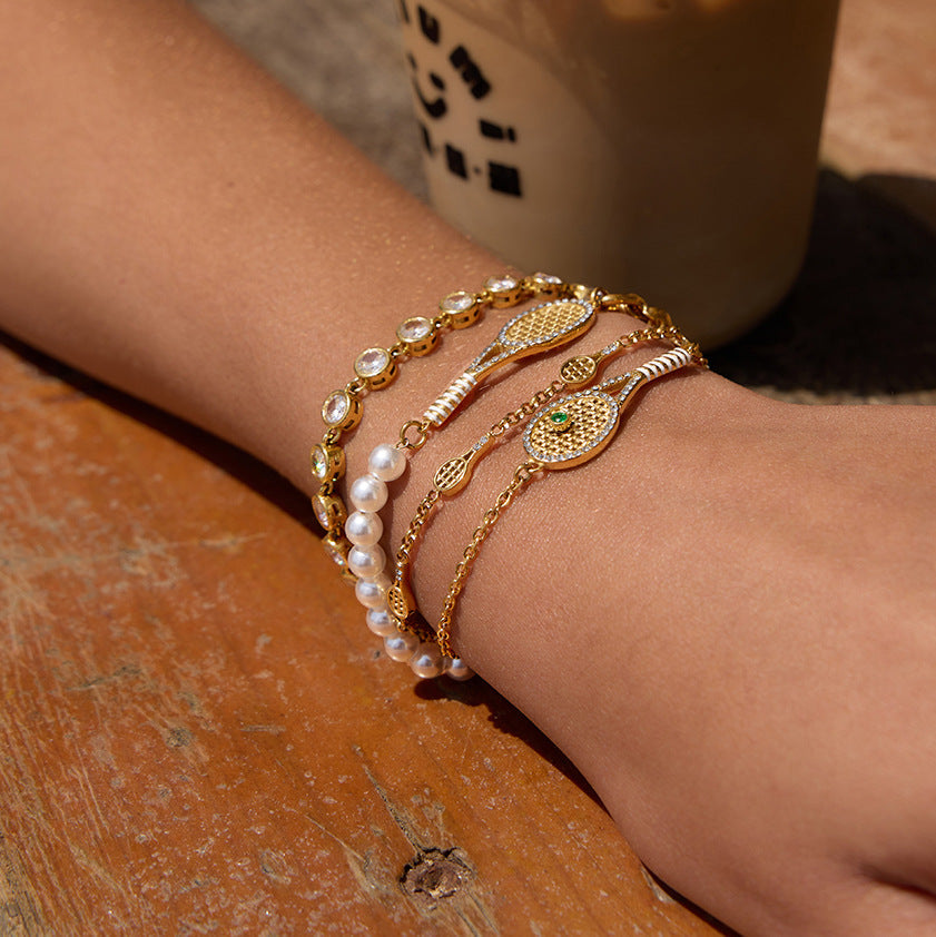 Cubic Zirconia Pearl Link Bracelet — gold bracelet, view 4