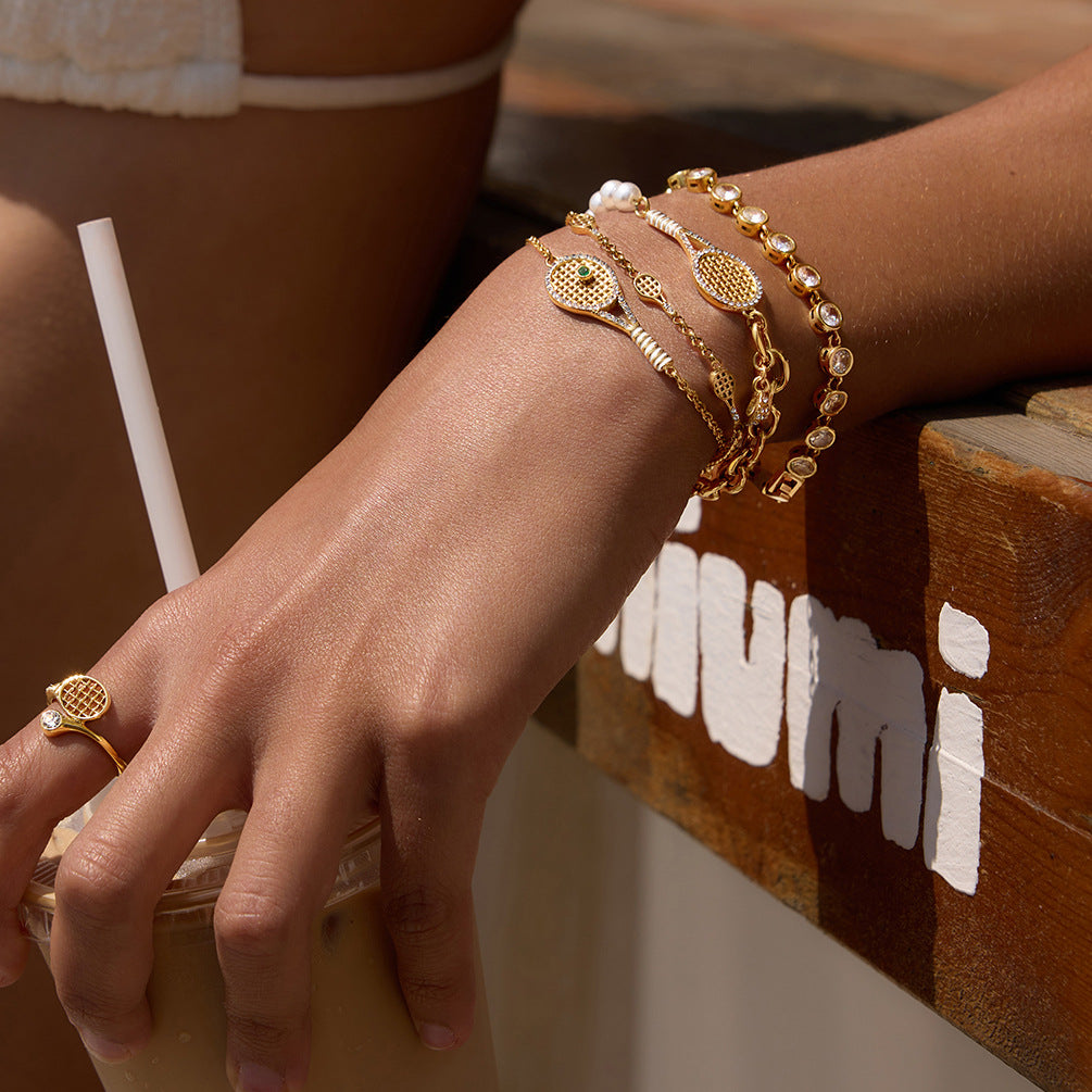 Cubic Zirconia Pearl Link Bracelet — gold bracelet, view 5