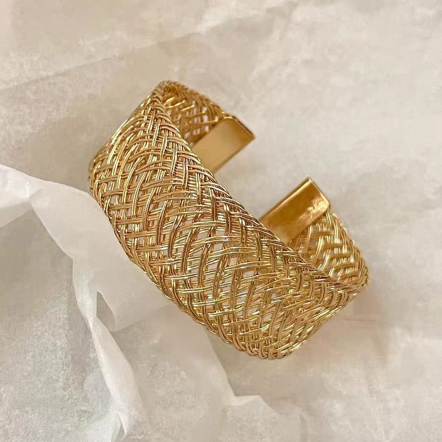 Hollow Woven Gold Cuff Bracelet — gold bracelet, view 2