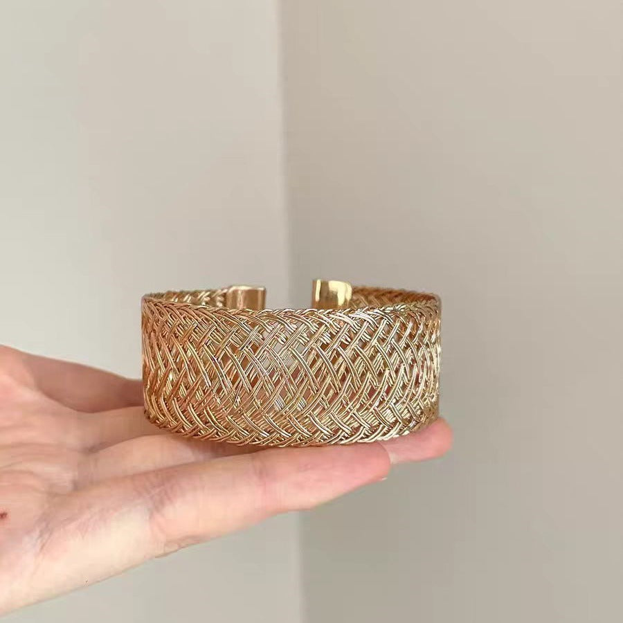Hollow Woven Gold Cuff Bracelet — gold bracelet, view 3