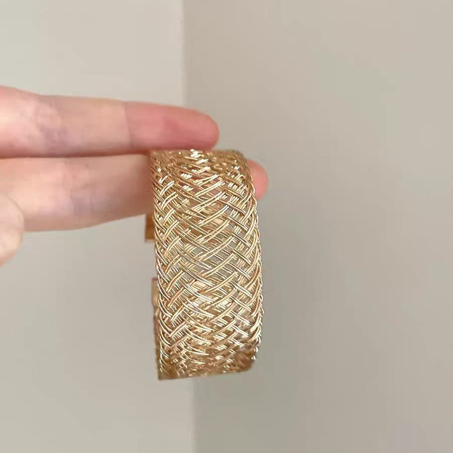 Hollow Woven Gold Cuff Bracelet — gold bracelet, view 4