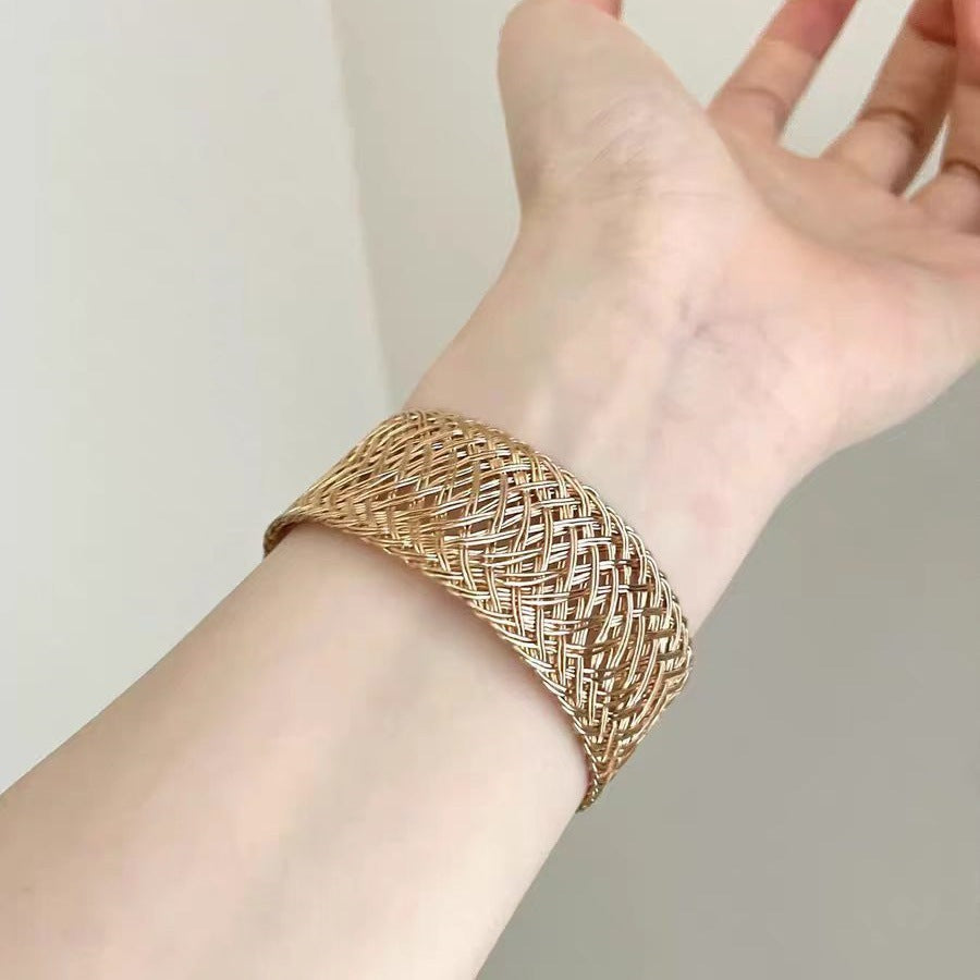 Hollow Woven Gold Cuff Bracelet — gold bracelet, view 5