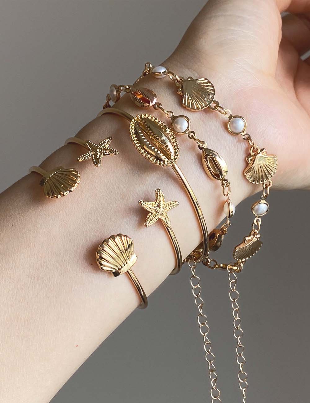 Shell and Starfish Link Bracelet Set — gold bracelet