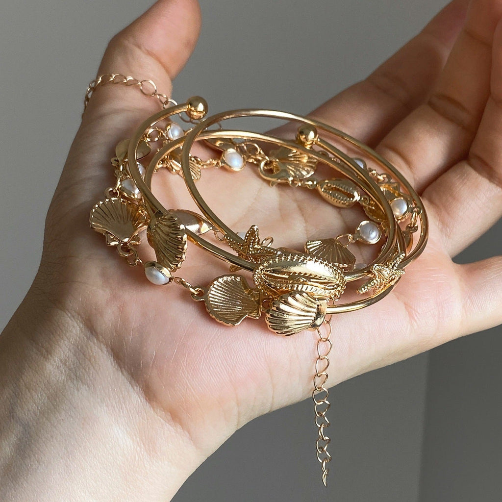 Shell and Starfish Link Bracelet Set — gold bracelet, view 2
