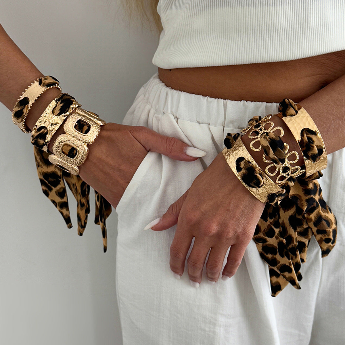 Leopard Print Hollow Wide Bangle — bracelet, view 4