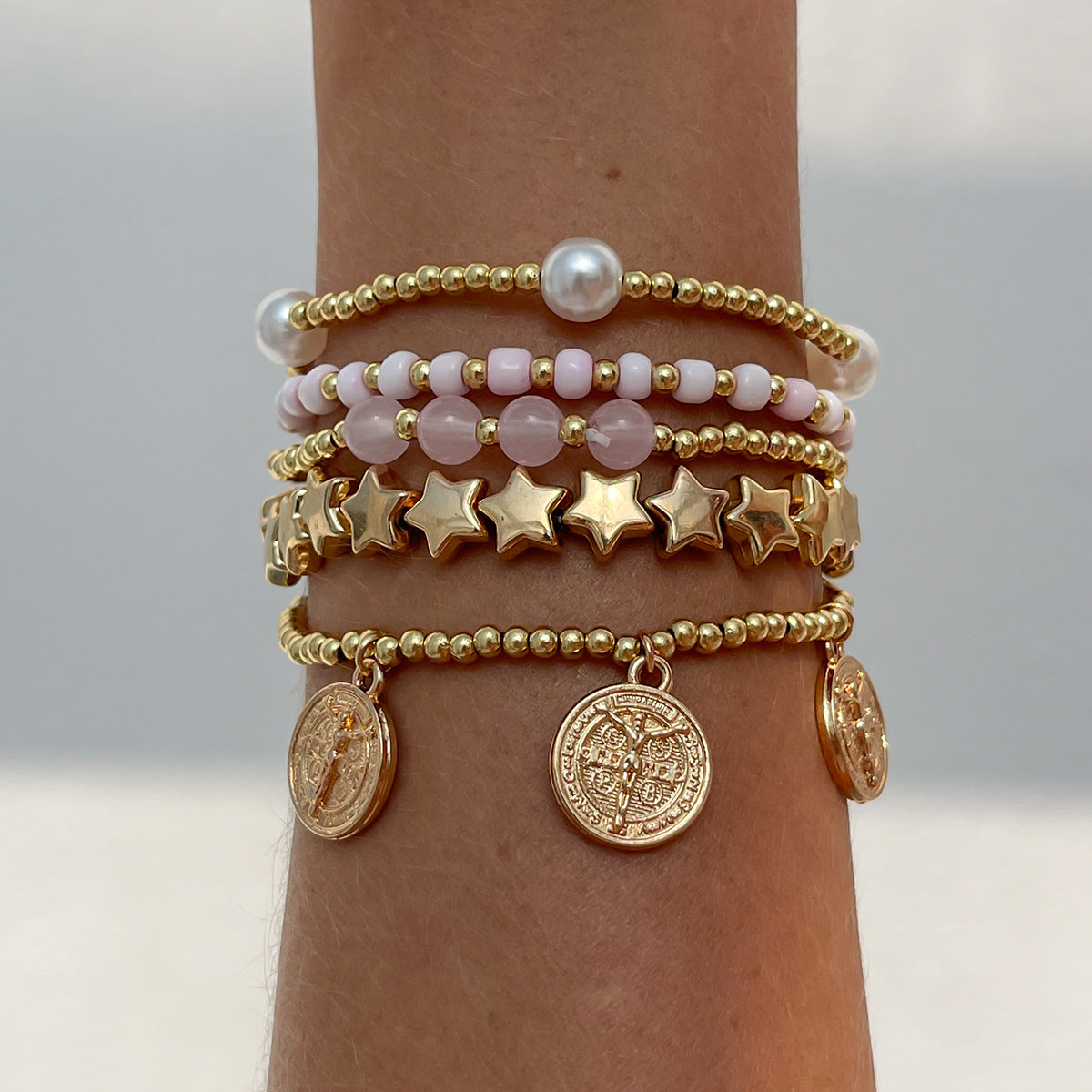Layered Gold Bead Chain Bracelet — gold bracelet, view 3