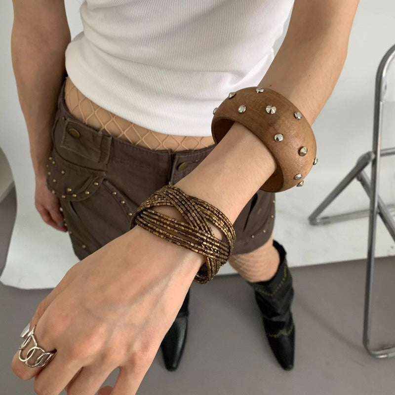 Hollow Out Bead Chain Bracelet — brown bracelet, view 3