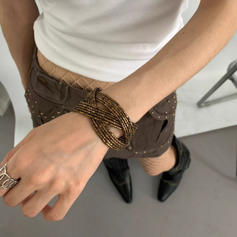 Hollow Out Bead Chain Bracelet — brown bracelet, view 4