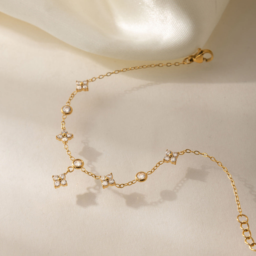 Rhinestone Clover Charm Bracelet — gold bracelet, view 3