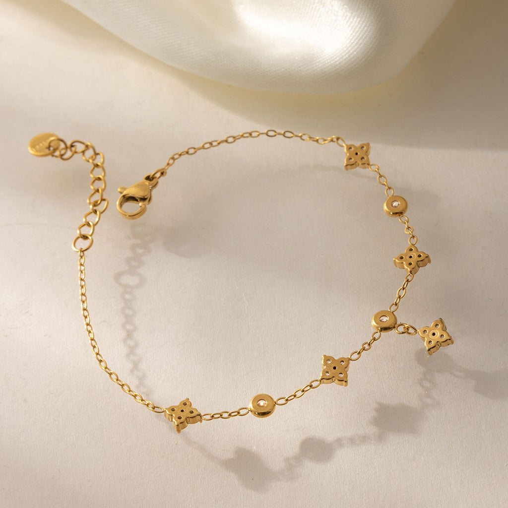 Rhinestone Clover Charm Bracelet — gold bracelet, view 4