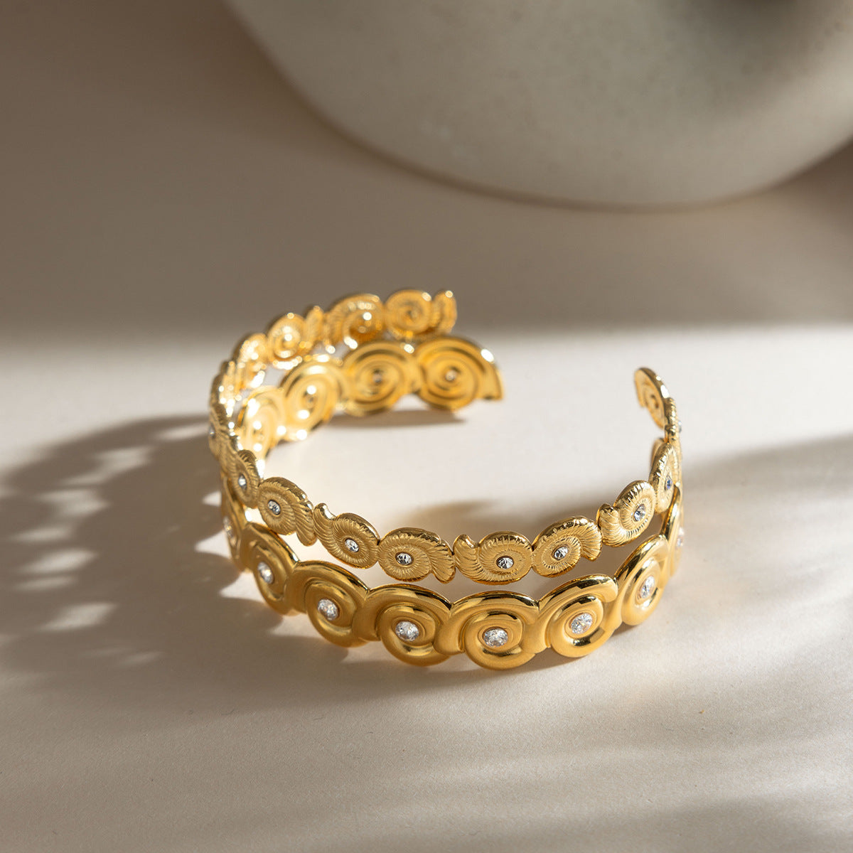 Rhinestone Sea Conch Open Bracelet — gold bracelet, view 3
