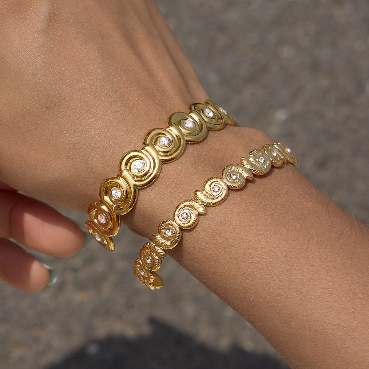 Rhinestone Sea Conch Open Bracelet — gold bracelet, view 4