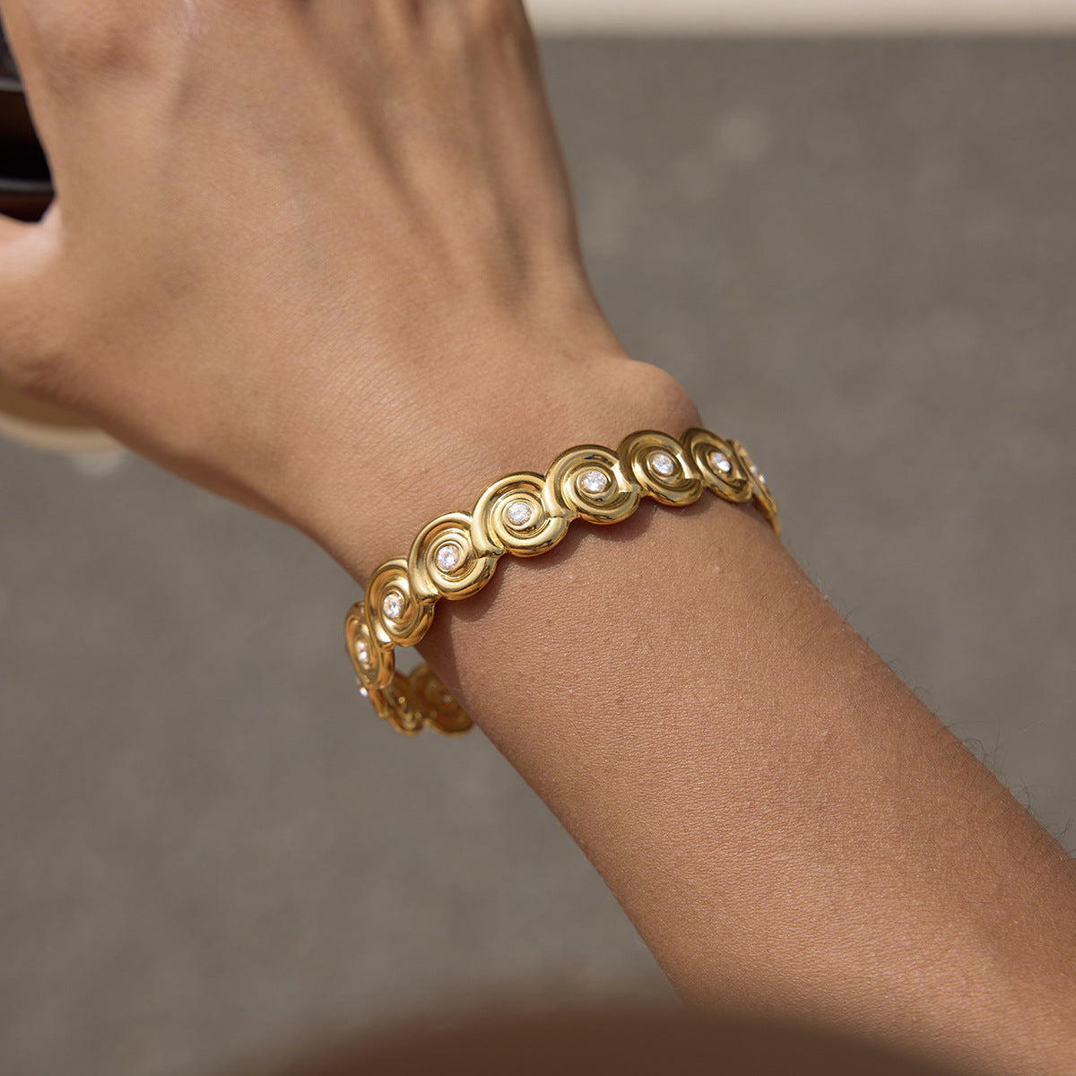 Rhinestone Sea Conch Open Bracelet — gold bracelet, view 5