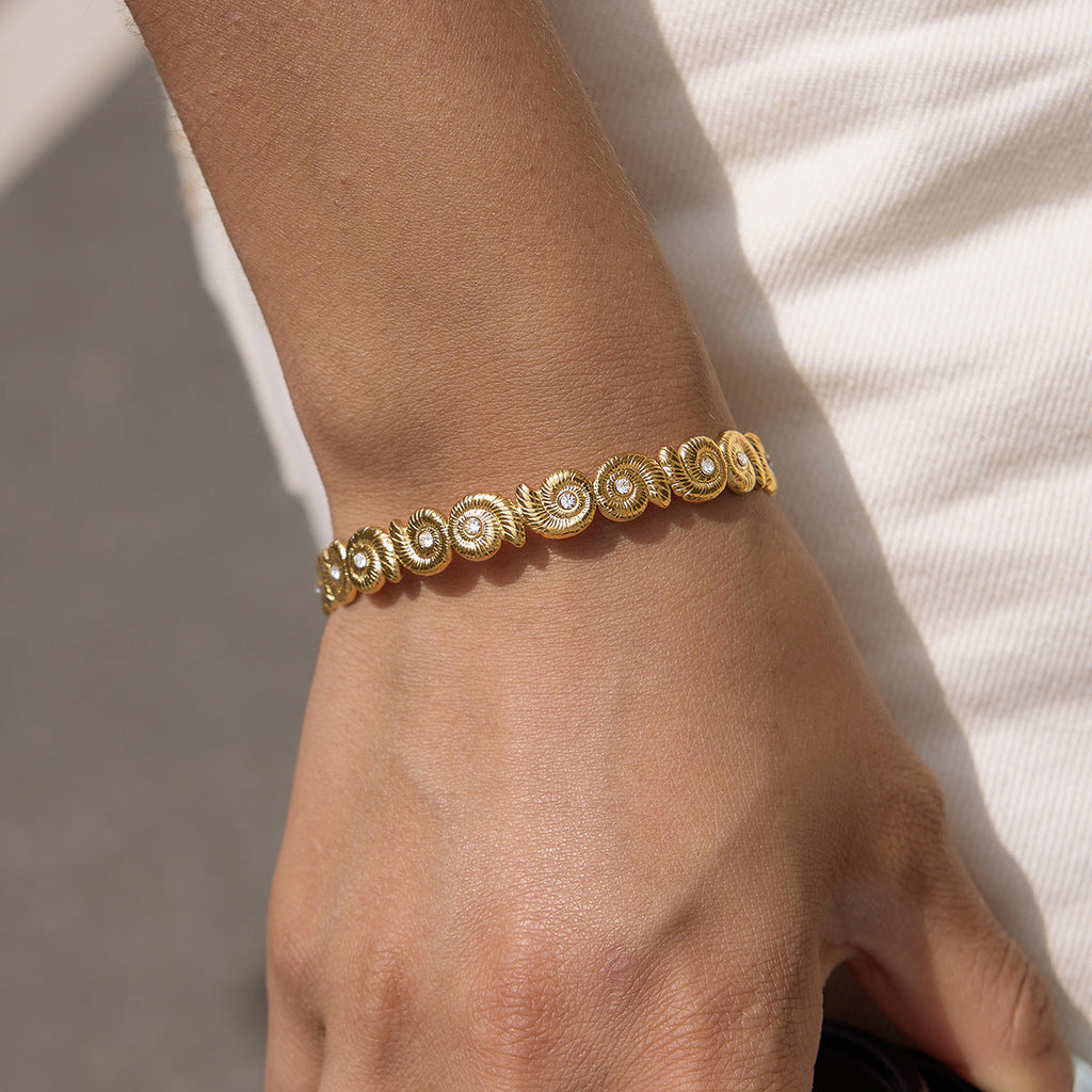 Rhinestone Sea Conch Open Bracelet — gold bracelet, view 6