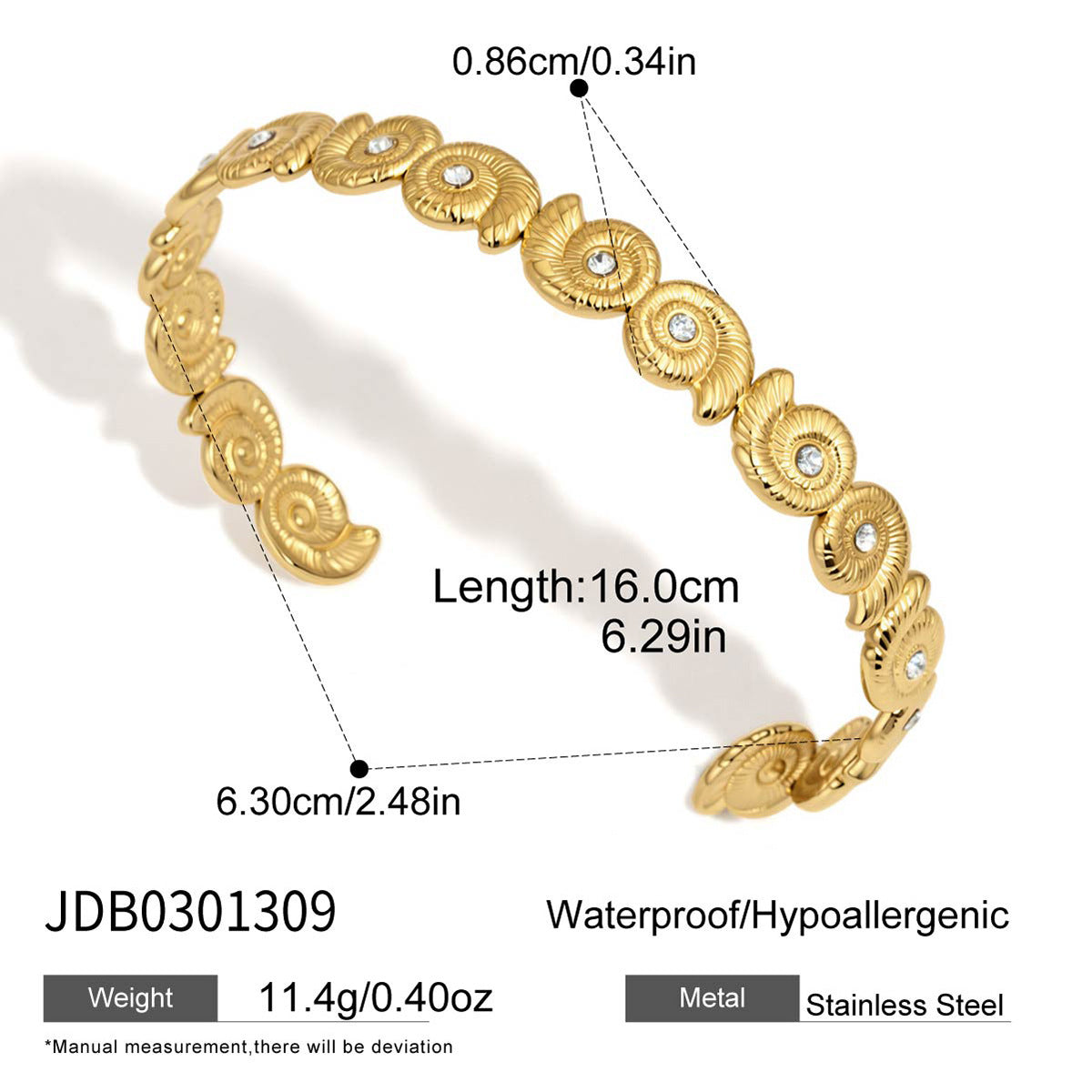 Rhinestone Sea Conch Open Bracelet — gold bracelet, view 7